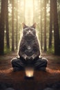 Meditating cat, sitting in lotus pose and mindfully meditate. Mental healthy concept of home feline pets