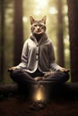 Meditating cat, sitting in lotus pose and mindfully meditate. Mental healthy concept of home feline pets