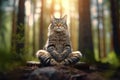 Meditating cat, sitting in lotus pose and mindfully meditate. Mental healthy concept of home feline pets