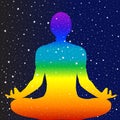 Meditating Chakra colors man sitting in lotus position on a starry dark blue sky