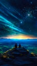 meditating couple sit on the bridge and relax, dreamy unreal beautiful stars sky view and a breathtaking stunning landscape,