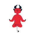 Meditating devil flat vector illustration. Peace and quiet, sport and health, stress relief concept. Red demon