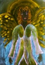 Meditating feminine black angel with aura.