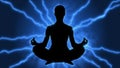Meditating figure in lotus pose with electrical arc lightning bolts