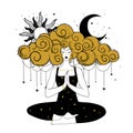 Meditating girl with moon and sun. Woman doing yoga, spiritual balance and relaxation concept, vector hand drawing