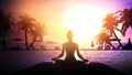 Meditating girl on a tropical sunset background.