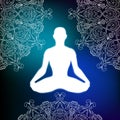 Meditating human in lotus pose on mandala background. Yoga illustration.