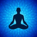 Meditating human in lotus pose on mandala background. Yoga illustration.