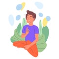 Meditating male character. Yoga meditation in lotus pose, relaxing mindful man breath and balance training flat vector