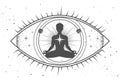 Meditating man silhouette inside the all seeing eye. Modern magic witchcraft astrology background.