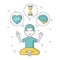 Meditating man with thoughts of heart, hourglass and brain icons