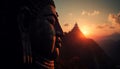 Meditating men pray at ancient pagoda, back lit by sunrise generated by AI