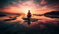 Meditating men and women find harmony in tranquil sunset scene generated by AI