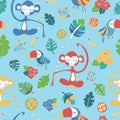 Meditating monkeys and toucans blue vector pattern