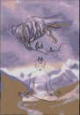 Meditating naked girl in padmasana lotus pose and Shiva`s face above her