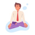 Meditating office worker. Relaxing businessman in lotus pose, tranquil peaceful male employee practicing yoga flat cartoon vector Royalty Free Stock Photo