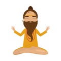 Meditating old yogi man in yellow clothes sitting in a lotus position. Vector illustration in flat cartoon style. Royalty Free Stock Photo