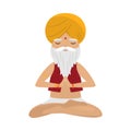 Meditating old yogi man with yellow turban sitting in a lotus position. Vector illustration in flat cartoon style. Royalty Free Stock Photo