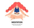 Meditating redhead woman. Concept of meditation. Girl with braids sits in the lotus position. Character design