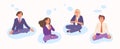 Meditating, relaxing business team, office people practicing yoga. Relaxed meditating office workers, calm business people vector Royalty Free Stock Photo