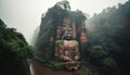 Meditating statue in ancient Chinese forest pagoda generated by AI