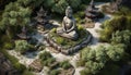 Meditating statue in ancient pagoda, surrounded by nature tranquil scene generated by AI
