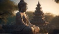 Meditating statue in ancient pagoda, a tranquil scene at sunset generated by AI