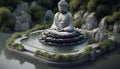 Meditating statue in lotus position brings harmony to tranquil scene generated by AI