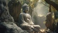 Meditating statue in lotus position brings tranquility to ancient forest generated by AI