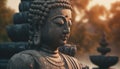 Meditating statue in tranquil pagoda, symbolizing spirituality and harmony generated by AI