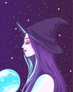 Meditating wiccan witch with purple hair holding a glowing neon crystal ball. Fortune teller absorbing energy from a magic object Royalty Free Stock Photo