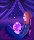 Meditating witch under the starry sky looking into the crystal ball, predicting the future. Royalty Free Stock Photo