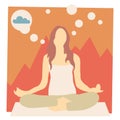 Meditating woman with calm though bubbles