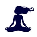 Meditating woman with fluttering hair in lotus pose. Yoga illustration.