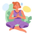 Meditating woman in lotus pose. Mindful, relaxing yoga meditation, female person breath and balance training flat vector