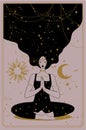 Meditating woman, mental balance, esoteric teachings, development of intuition and channeling. Vector illustration.