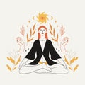 Meditating woman sitting in lotus pose in boho style with celestial bodies, mystic and floral elemets