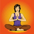 Meditating woman with speech bubble in retro pop art comic style. Mental balance and yoga concept