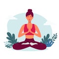 meditating woman. Vector illustration of cartoon young woman sitting in yoga lotus position surrounded