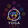 Meditating yoga girl silhouette with chakras signs and colorful sacred symbol of triquetra on dark background
