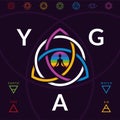 Meditating yoga girl silhouette with chakras signs and colorful sacred symbol of triquetra on dark background