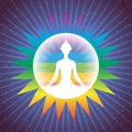 Meditating yoga girl silhouette in shining colorful circle on starry sky background Royalty Free Stock Photo