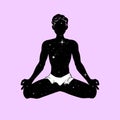 Meditating yogi man in lotus pose, space with stars, esoteric image symbol. Vector illustration