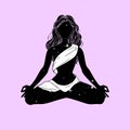 Meditating yogi woman in lotus pose, space with stars, esoteric image symbol. Vector illustration