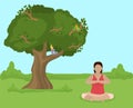 Meditating young woman sit in lotus yoga position on nature vector illustration. Girl practices yoga outdoor in open air
