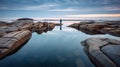 Meditation alone on a large stone. Meditation and concentration of thoughts. AI Generative Royalty Free Stock Photo