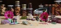 Meditation Altar With Incense Cones and Flowers on Rustic Table With Rock Crystals Royalty Free Stock Photo