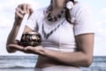 MEDITATION ON THE BEACH with tibetan bell Royalty Free Stock Photo