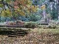 Meditation bench in autumn landscape