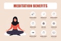 Meditation benefits. Arab woman sitting in lotus position and keep calm. Relaxation of mind and body. Spiritual and